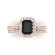 2.20 Emerald Round Cut Halo Natural Onyx Promise Bridal Ring set 14k Rose Gold