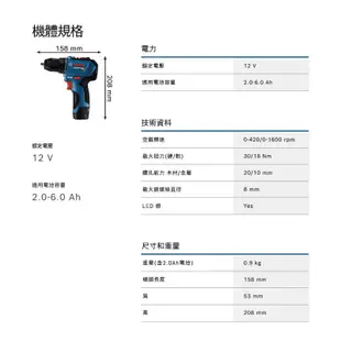 BOSCH 博世 12V 鋰電免碳刷電鑽_起子機 GSR 12V-30 (雙2.0Ah電池)