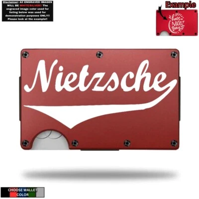TEAM FRIEDRICH NIETZSCHE Laser Engraved Onto An Aluminum Wallet