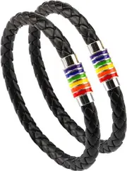Gay Pride Bracelet LGBT Rainbow Bracelet (2 Packs), Couple Black Leather Bracelet Mens Womens Bangle with Rainbow Striped Stainless steel Magnetic C