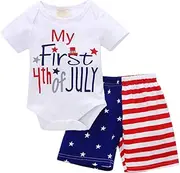 [OwlFay] My First 4th of July Outfit Baby Boys American Flag Romper + Star Striped Shorts Pants Summer Birthday Clothes 2pcs Set, Red + White + Blue, 6-12 Months