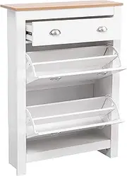 Shoe rackWooden 2 Flip Shoe Cabinet Organiser Hallway Shoe Storage Cupboard Footwear with One Drawer (white and oak)