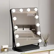 Hollywood Mirror, Vanity Makeup Mirror with 12 Dimmable LED Bulbs, Touch Control, 360° Rotation, 3 Color Modes, USB, Large Vanity Mirror with Lights for Dressing Room & Bedroom(43x34cm Black)