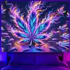 Tapestry Flaming Pot Leaf, 420 Tapestry, Black Light Tapestry, Hippie Decor HUGE