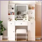 Modern Dressing Desk with LED Lighted Mirror and Drawers & Shelves Dresser Table