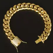 18k Gold Plated CZ Clasp Stainless Steel Miami Cuban Link Bracelet Chain 8-14MM