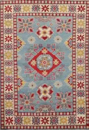 Geometric Light Blue/ Ivory Super Kazak Oriental Area Rug 4'x6' Hand-knotted Rug
