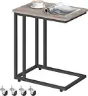 VASAGLE End Table, C Shaped TV Tray with Metal Frame Rolling Greige + Black