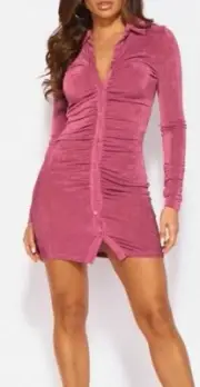 Rose Pink Slinky Stretch Knit Ruched Button Front Shirt Mini Dress w/ Collar