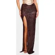 Dark Chocolate Extreme Sequin Split Low Rise Maxi Skirt, Dark Chocolate