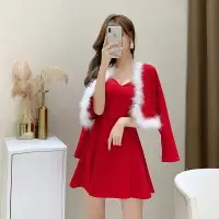 在飛比找樂天市場購物網優惠-紅色圣誕兩件套2021冬季時尚開衫毛毛短外套+性感抹胸大擺連