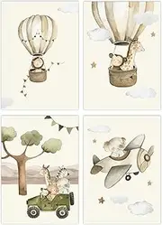 YunBey Pictures Baby Room Decoration Set of 4 Posters Children's Room Boys and Girls Wall Pictures Baby Room Decoration Forest Animals Friends and Travel Theme A4 without Picture Frame