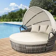 ALFORDSON Sun Bed with Adjustable Canopy, Rattan Outdoor Tanning Lounger Sofa with Fabric Seat Cushions & Pillows, Steel Frame Lounge Chair Furniture for Garden Pool Patio Backyard, 3PCs Combo, Beige