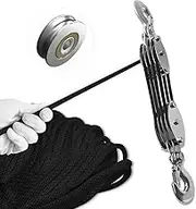 Block and Tackle Pulley System, Upgraded 4-Wheel Rope Pulley Hoist, 8:1 Lifting Power, 2200LB Work Load with 65Ft of 1/4" Rope, Ultra-Compact Rope Hoist for Garage, Hunting, and Heavy Lifting