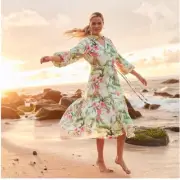 NEW Tommy Bahama Daybreak Hibiscus Floral Long Sleeve Linen Midi Dress Size XS