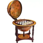 Unique Chess Board w/ Pieces Hidden in Wood Table Top Nautical Old World Globe