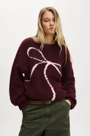 [Cotton On Women] Cotton On Women - Luxe Crew Pullover - Rich plum bow L RICH PLUM BOW