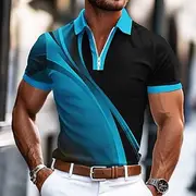 Men's Geometic Line Zip Polo Shirts Short Sleeve Polo Shirts Collared Shirts Business Casual Business Athleisure Wear to work Daily Wear 3D Print Summer Blue P