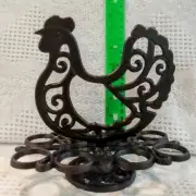 Antique Rare Design Black Cast Iron Standing Chicken w/ Egg Holder New Condition