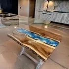 Ocean Wave Epoxy Resin Dining Table, Live Edge Wooden Desk Console Furniture Dec