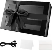 MALICPLUS Large Black Gift Box with Window for Fathers Day, 34x22.8x10 CM Clear Gift Box for Present Contains Ribbon, Card, Groomsman Proposal Box, Large Gift Box with Magnetic Lid (Glossy Black)