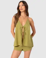 EDIKTED Womens Arden Linen Look Tie Front Top GREEN