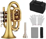 Pocket Trumpet Bb Flat Brass Wind Instrument with Mouthpiece Gloves Cleaning Cloth Carrying Case Gold