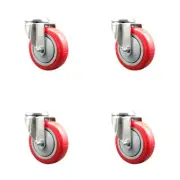 4 Inch 316SS Red Polyurethane Wheel Swivel Bolt Hole Caster Set Service Caster