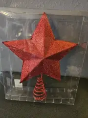 NIB Red Glitter Tree Topper Merry Brite Non Lighted Tree Star Red