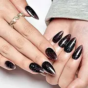 Jelly Press on Nails Medium, GLAMERMAID Handmade Almond Acrylic Fake Nails Black Glitter Flase Nails with Glue, 24pcs Glossy Gel on Nails Kits Full Cover with Design, Reusable Stick on Nails for Women