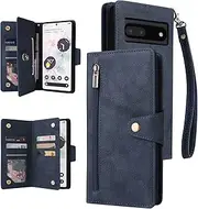 YocoverTech for Google Pixel 6 Pro 5G Case,for Google Pixel 6 Pro 5G Wallet Case[6 Card Slots and 1 Zipper Coin Pocket] PU Leather Stand Flip Cover with Wrist Strap[6.71 inch]-Blue