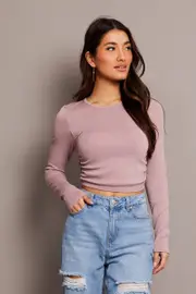 Purple Seamless Top Long Sleeve Side Ruched - Size L, Women's T-shirt