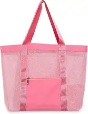 [Lorigun] Mesh Beach Tote Bag, Big Beach Bag with Zipper Pockets, Lightweight Swim Pool Bag Grocery Storage Net Bag for Travel Vacation Shopping, Pink