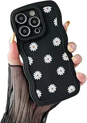 ZTOFERA for iPhone 16 Pro Max Case, Cute Curly Wave Frame Daisy Pattern Liquid Silicone Case, Soft Shockproof Protective Bumper Cover for iPhone 16 Pro Max - Black