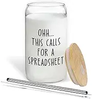 BEHIFL Funny Office Glass Cup with Lids and Straws 14oz, Funny Gifts for Coworkers, Ohh This Calls for a Spreadsheet Glass Coffee Tumbler Drinking Jars with Cleaning Brush