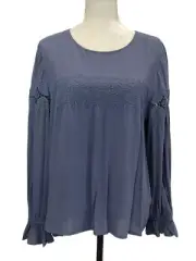 New Loft Women's Large Blouse Yoke Long Sleeve Blue $64 Rayon