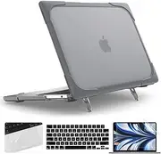 TWOLSKOO for MacBook Air 13.6 inch Case 2024 2023 2022 M3 M2 Chip A3113 A2681 with Touch ID, Heavy Duty Rugged Shockproof Hard Shell Dual Layer Protective Cover with Fold Kickstand, Grey