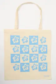 Blue Print Tote Bag Printed Hibiscus Checkered