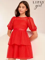 Lipsy Red Lace Puff Sleeve Occasion Dress (5-16yrs) (B64170) | $80 - $90