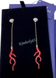 Swarovski Shell Coral Pierced Earrings LONG GOS Red Crystal Authentic 5520662