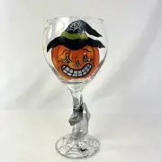 Halloween Pumpkin Witches Hat Hand painted Wine Glass Webs on base with spider