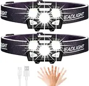 Motion Sensor Headlamp Flashlight USB Rechargeable Waterproof LED Head Lamps 400 Lumens Lightweight Headlight For Indoor Outdoor Camping Hiking Running Fishing, 2 Pack