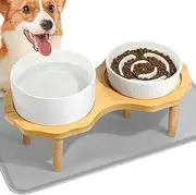 Ceramic Raised Cat Dog Bowls Set with Non-Slip Wood Stand, Cat Dog Food and Water Bowl, Scratch Resistant Silicone Pad, Durable & Easy Clean Pet Bowl for Small Medium Sized