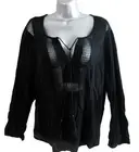 Joseph A Peasant Blouse Women's XL Black Crinkle Shirt Top Boho Tassel Ties NWT