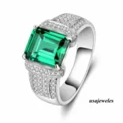 3CT Emerald Cut Real Emerald Engagement Wedding Jewelry Ring 14K White Gold Over
