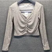Pink Rose Mocha Leaopard Button Front Cropped Top Womens Juniors Size Medium NWT