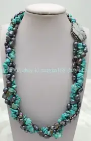 3 Rows 5x8mm Irregular Turquoise Gems & 7x8mm Baroque Pearl Beads Necklace 18''