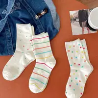 在飛比找蝦皮商城優惠-韓國彩色波點堆堆襪條紋點點日系白色襪子精梳棉可愛中筒襪