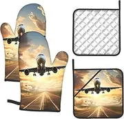 4 pcs Oven Mitts and Pot Holders Set 500°F Heat Resistant Oven Gloves and Hot Pads Kitchen Mittens Airplane Cooking Gloves Potholders for Baking Grilling