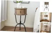 Round End Table, Wood Side Table with Metal Legs, Nightstand with Drawer,